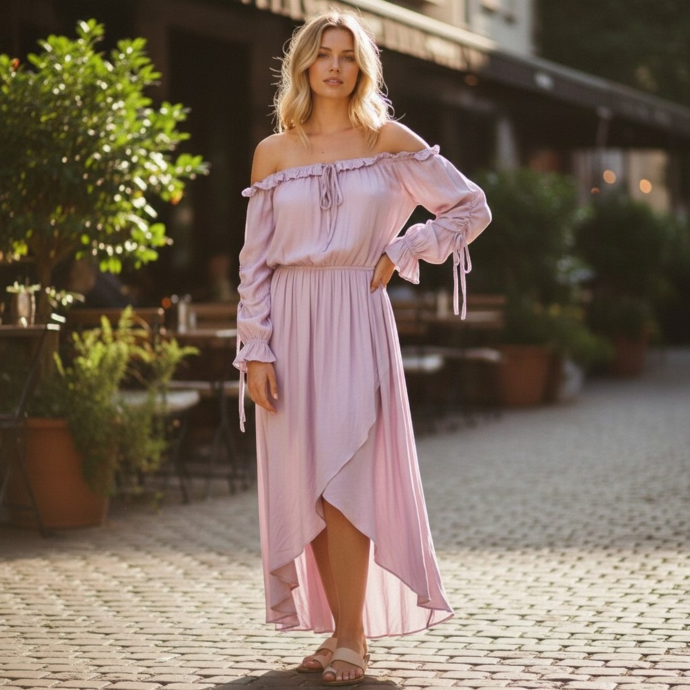 Forever 21 Dress Womens S Mauve Off Shoulder Boho High Low Coquette Feminine